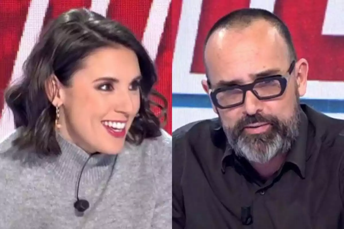 Irene Montero y Risto Mejide en Todo es Mentira, una mujer sonriente con cabello oscuro y un hombre con barba y gafas.