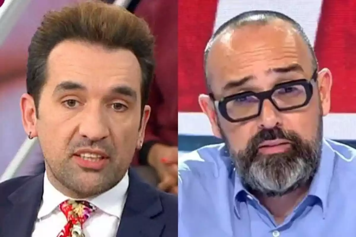 Dos hombres en un programa de televisión, Miguel Lago con traje y corbata floral en Y ahora Sonsoles y Risto Mejide con camisa azul y gafas en Todo es Mentira.