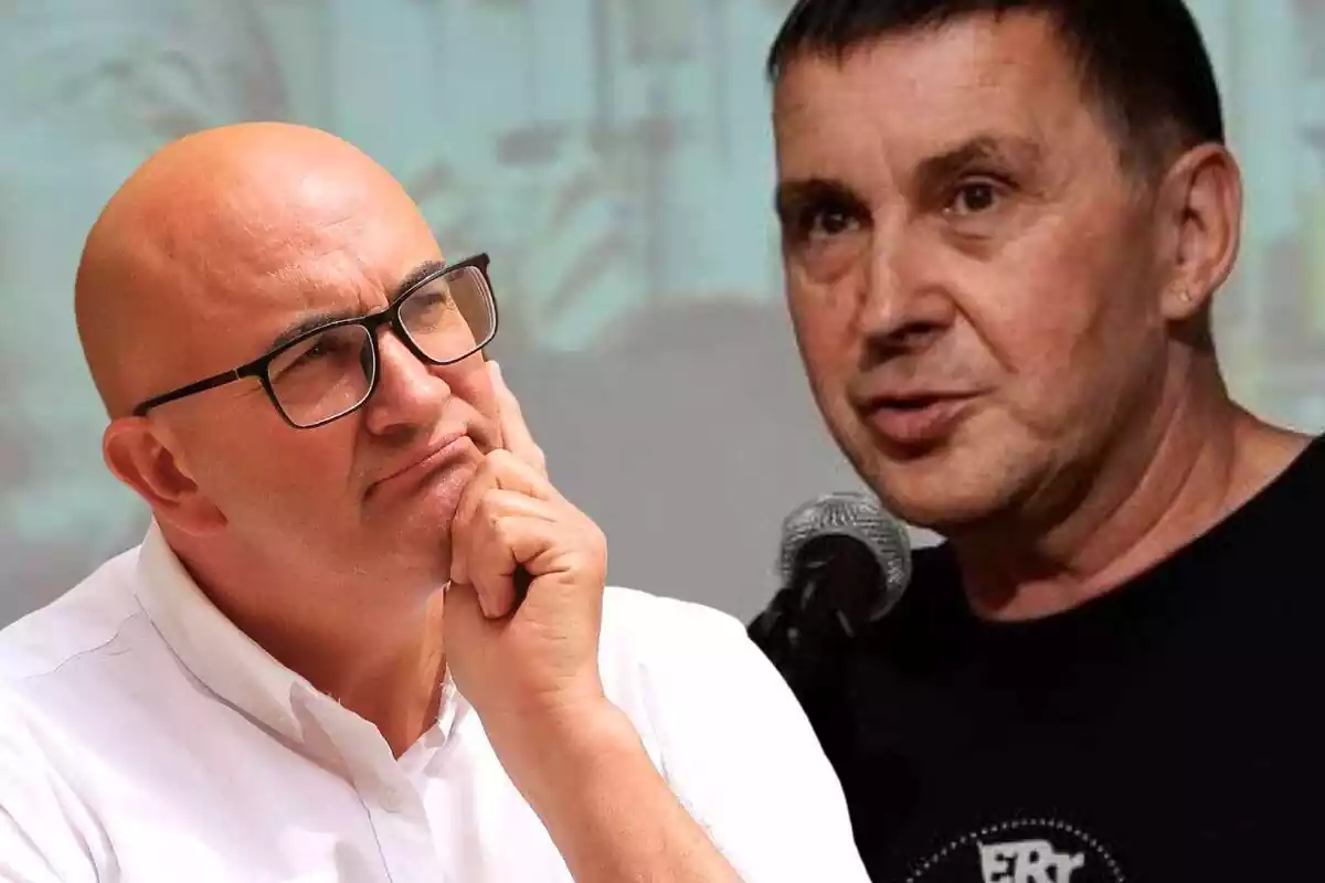 Muntatge amb la imatge pensativa de Xavier Rius amb Arnaldo Otegi de fons