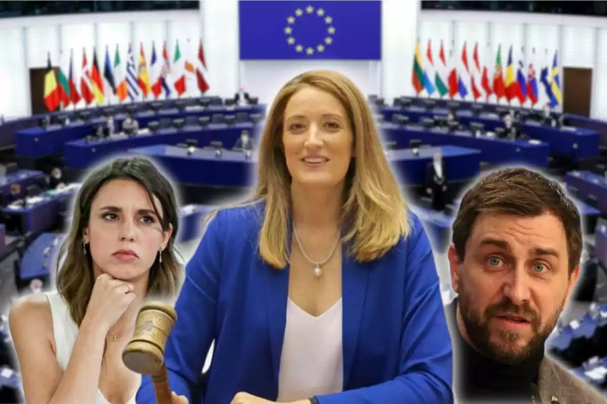 Tres persones en un parlament europeu amb banderes de diversos països al fons.