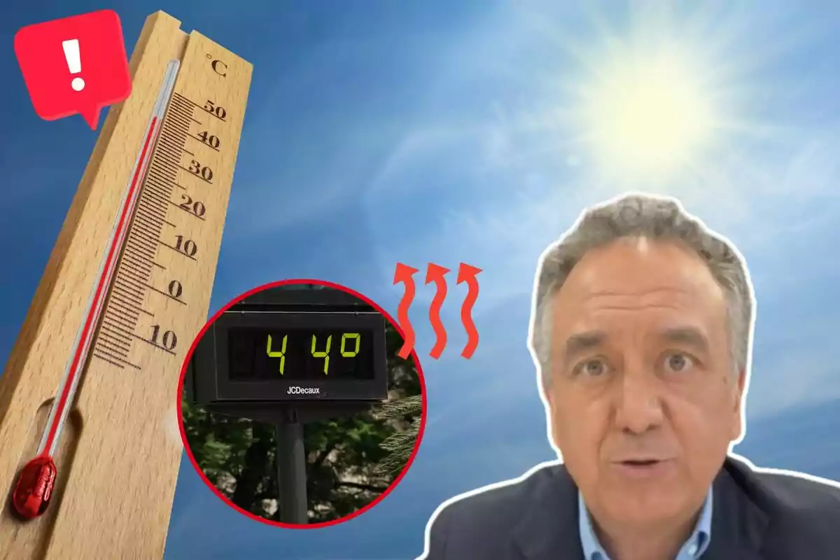 Termòmetre de fusta marcant alta temperatura, pantalla digital mostrant 44 graus Celsius, sol brillant al cel i home parlant.
