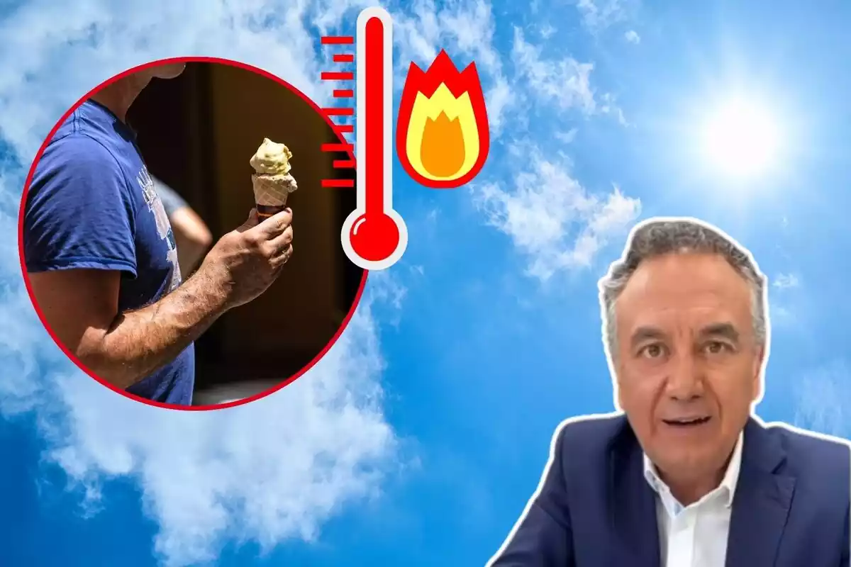 Imatge de fons d'un cel blau amb el sol i núvols blancs, a més de la imatge en primer pla de Roberto Brasero i una altra imatge d'una persona amb un gelat a la mà al costat d'una emoticona d'un termòmetre que marca temperatura alta