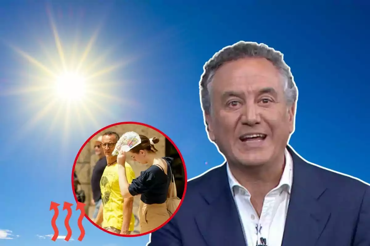 Un home parlant davant d'un fons de cel blau amb un sol brillant i un requadre que mostra dues persones caminant sota el sol.