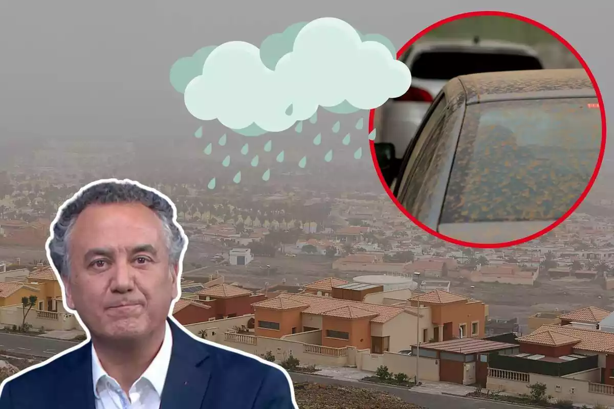 Imatge de fons de la calima visible al Port del Rosari, el 13 de febrer del 2023, a Fuerteventura, al costat d'una altra d'un vehicle tacat per pols en suspensió a Madrid el 15 de març del 2022 i una altra imatge de Roberto Brasero en primer pla. També unes emoticones de núvols amb pluja