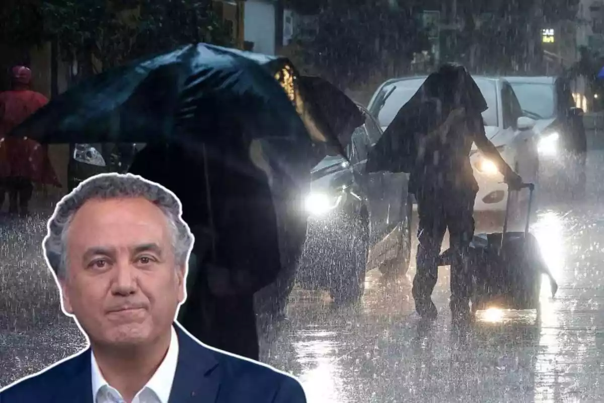 Imatge de fons de persones i cotxes en una carretera sota la pluja al costat d'una altra imatge de Roberto Brasero en primer pla
