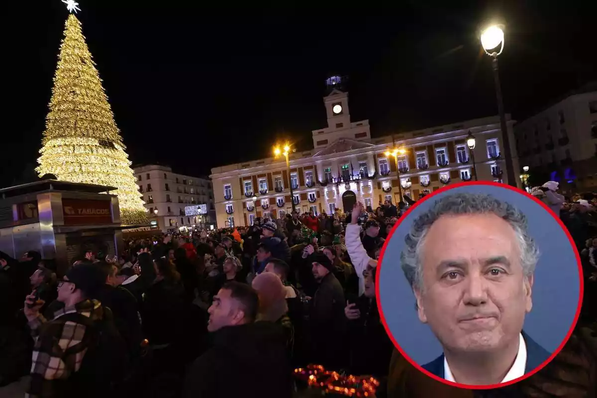 Imatge de fons de la Porta del Sol la nit de Cap d'Any de 2022 i una altra de Roberto Brasero en primer pla