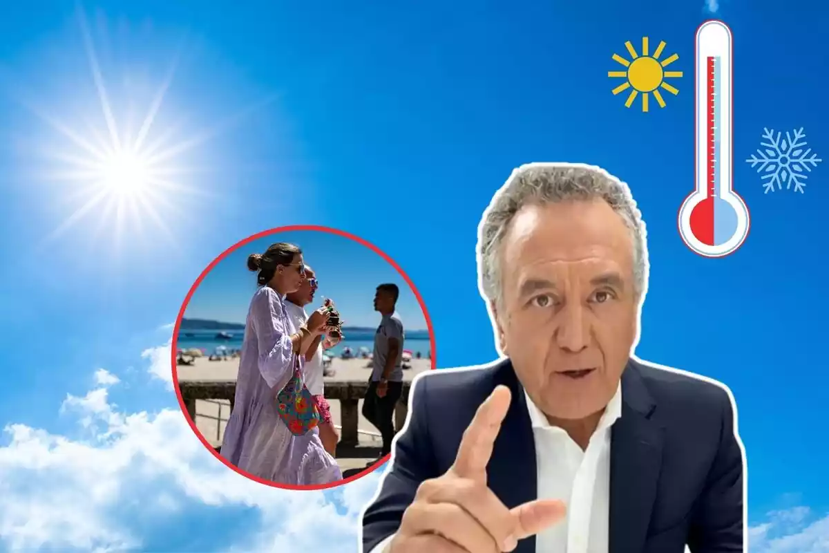 Imatge de fons d´un cel blau amb el sol, al costat d´un primer pla de Roberto Brasero i una altra imatge d´unes persones passejant per la platja, a més d´una emoticona d´un termòmetre marcant fred i calor Imatge de fons d´un cel blau amb el sol, al costat d´un primer pla de Roberto Brasero i una altra imatge d´unes persones passejant per la platja, a més d´una emoticona d´un termòmetre marcant fred i calor