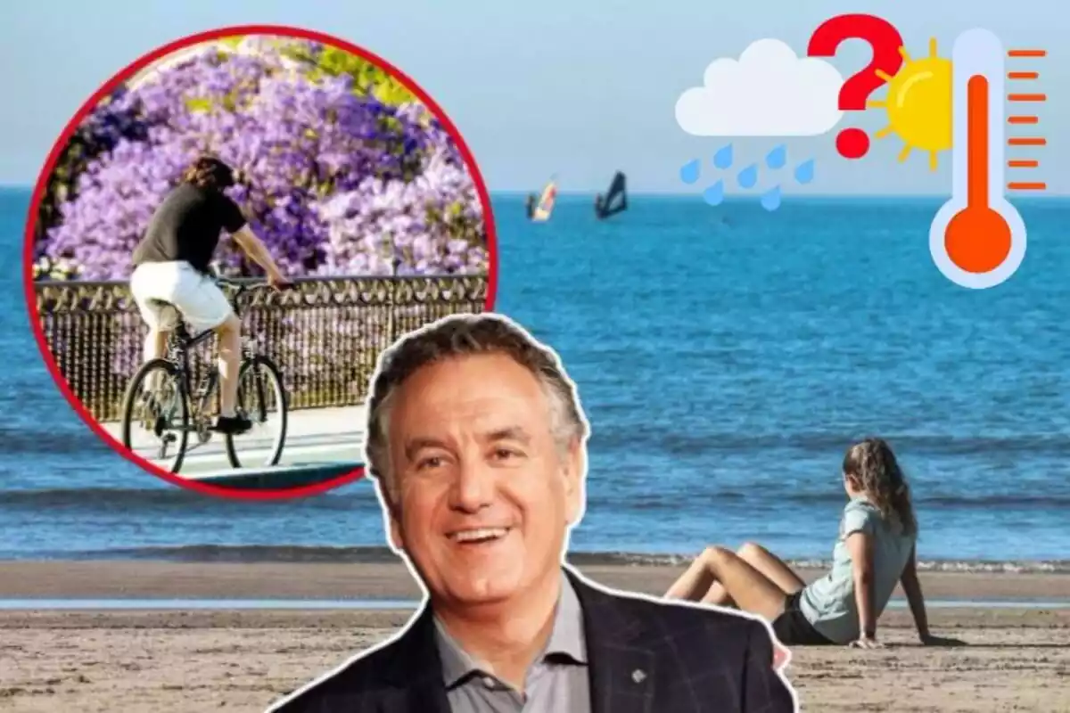 Imatge de fons d'una platja amb una noia asseguda a la sorra, al costat d'una altra imatge d'una persona amb bici amb un fons de flors liles, un primer pla de Roberto Brasero i unes emoticones de sol i pluja