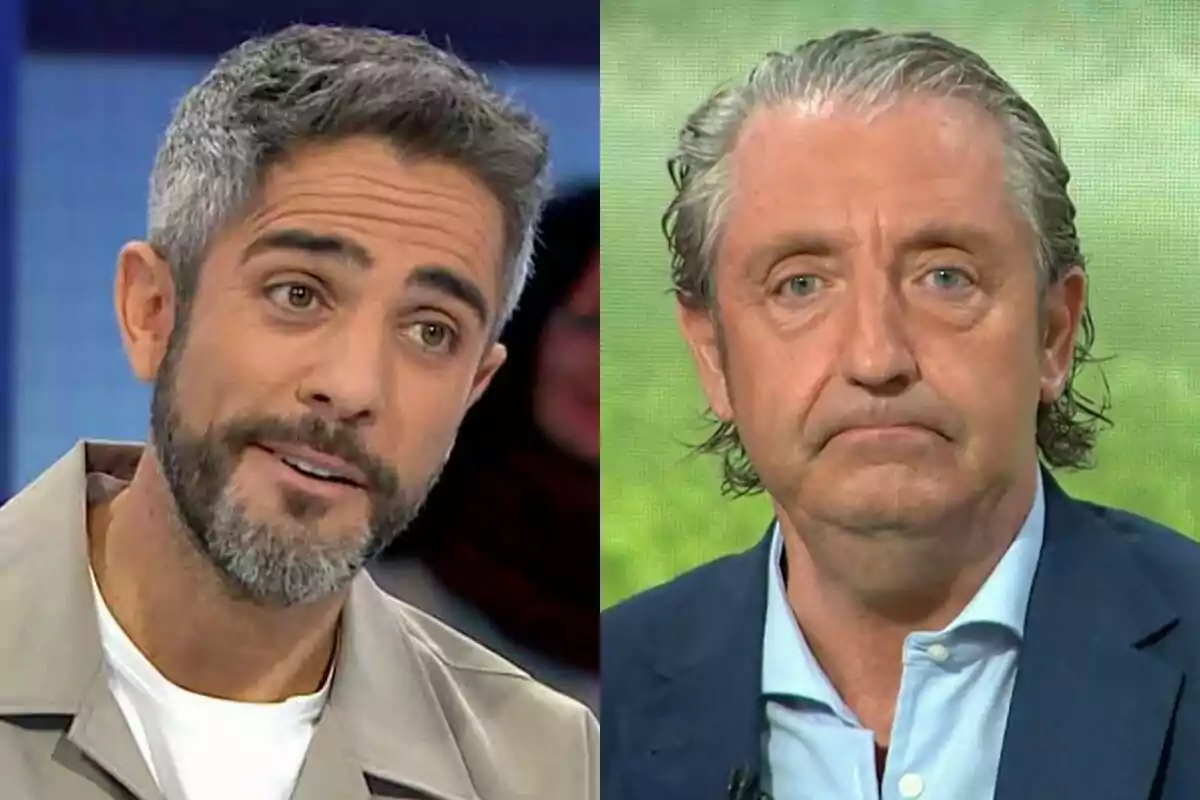 Dos hombres en un programa de televisión, Roberto Leal con barba y cabello corto en Pasapalabra y Josep Pedrerol con cabello peinado hacia atrás en El Chiringuito de Jugones.