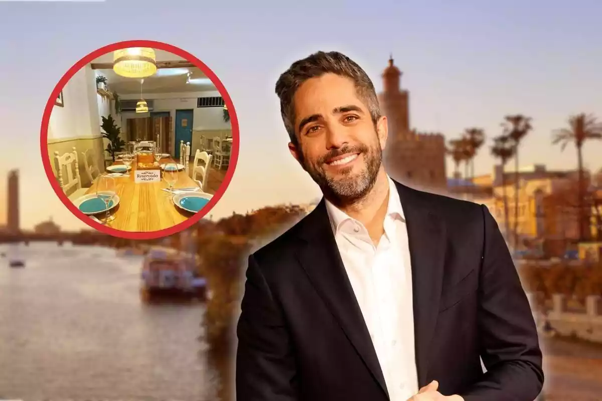 Roberto Leal sobre un fons de Sevilla ia la seva esquerra un cercle amb una taula de restaurant