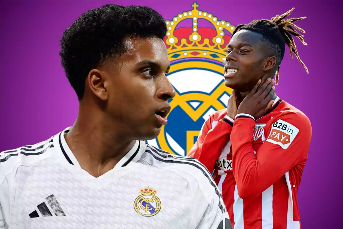 Dos futbolistes en primer pla amb l’escut del Reial Madrid de fons sobre un fons morat