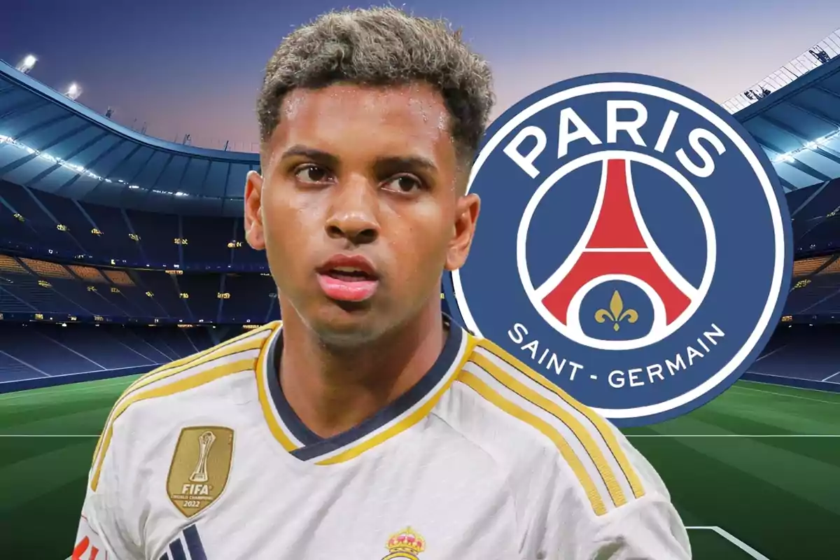 Un jugador de futbol amb uniforme blanc i detalls daurats apareix en un estadi, amb el logotip del Paris Saint-Germain al fons.