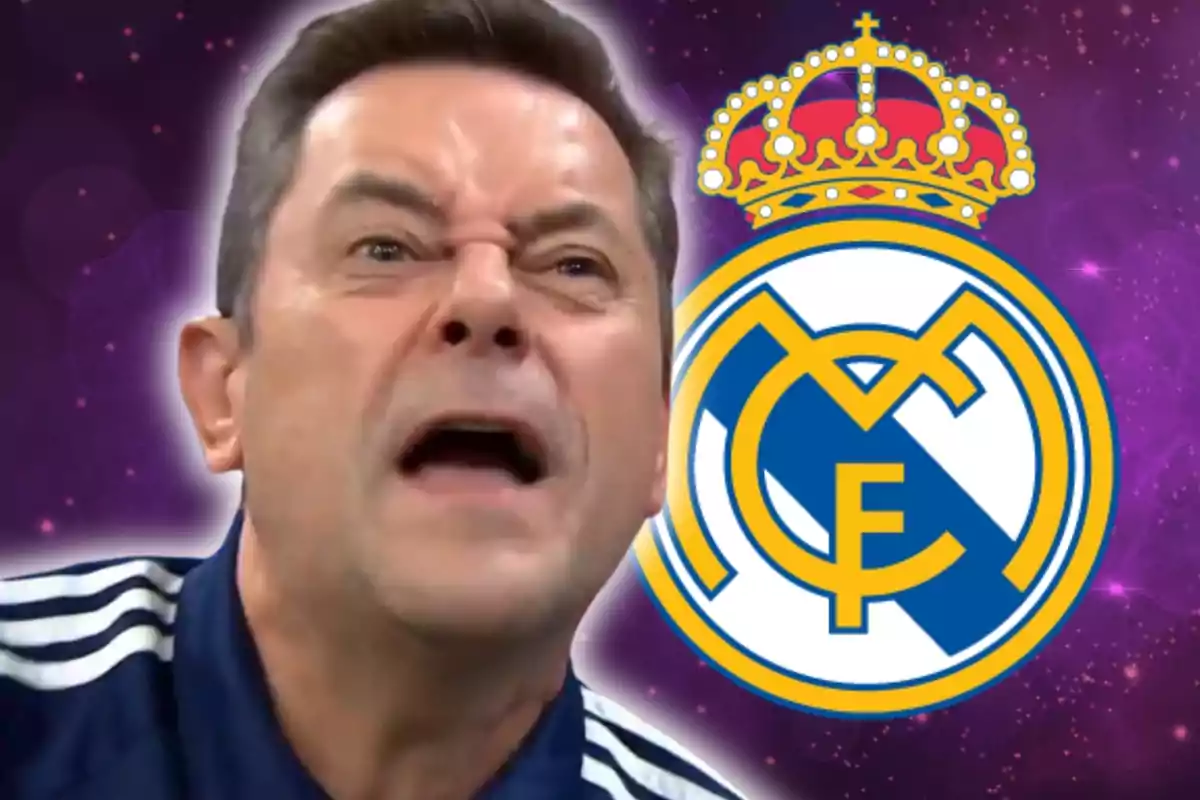 Hombre expresando emoción con el logo del Real Madrid en el fondo.