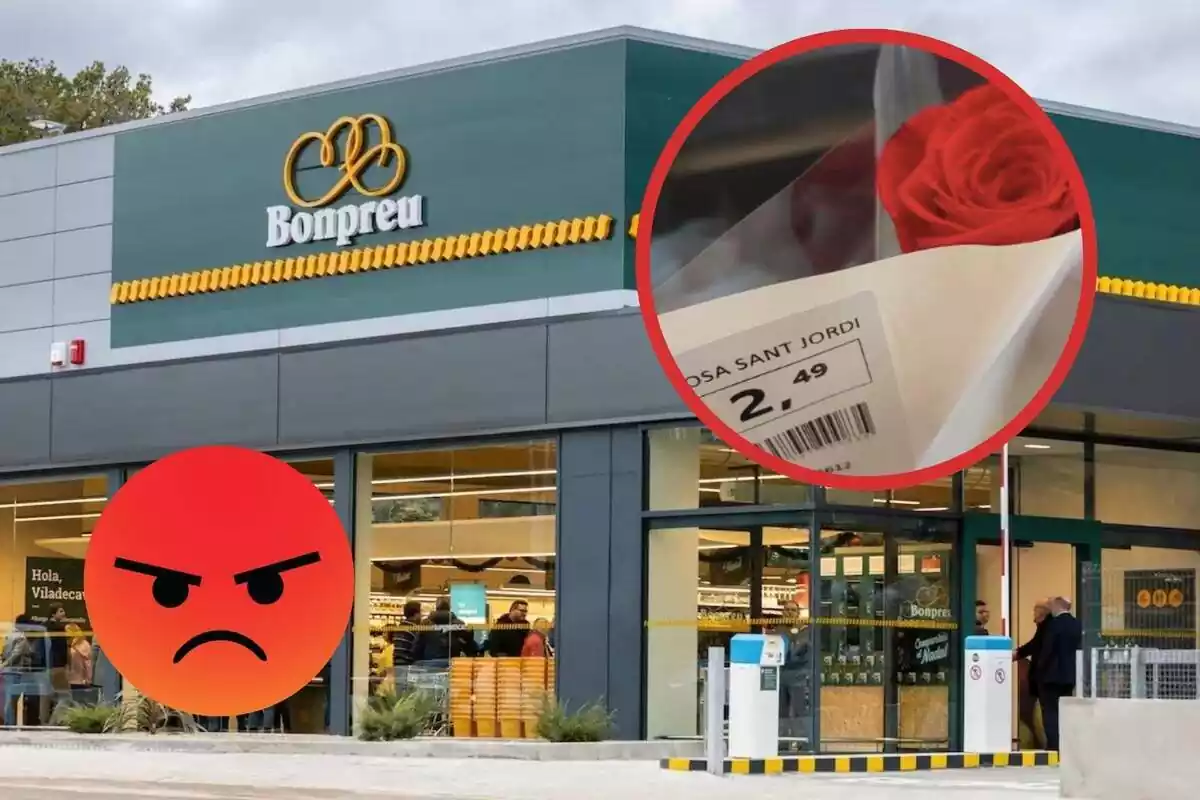 Supermercat bonpreu i un cercle amb el preu d'una rosa i un emoji enfadat