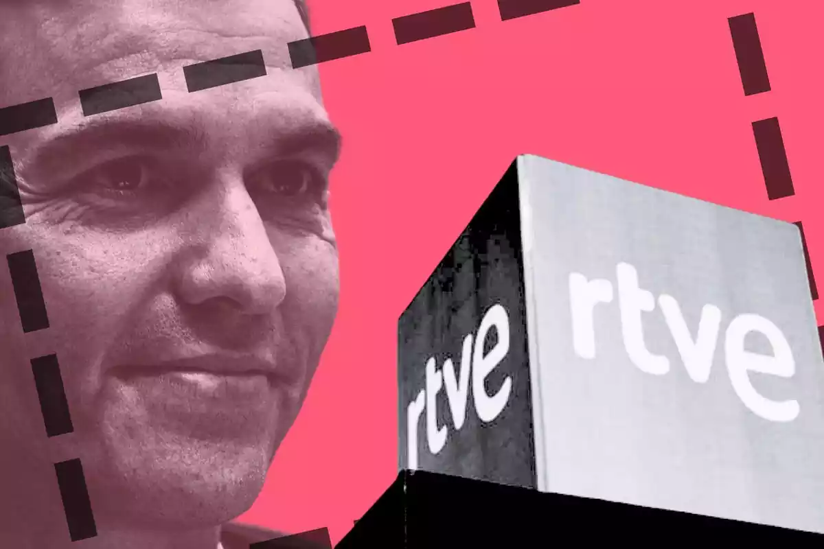 Imatge del cub de RTVE amb la cara de Pedro Sánchez de fons