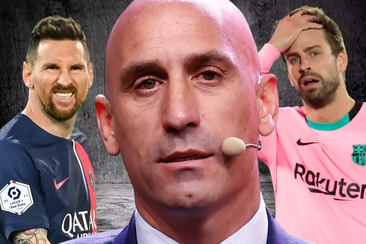 Luis Rubiales en primer pla amb Messi i Piqué al fons