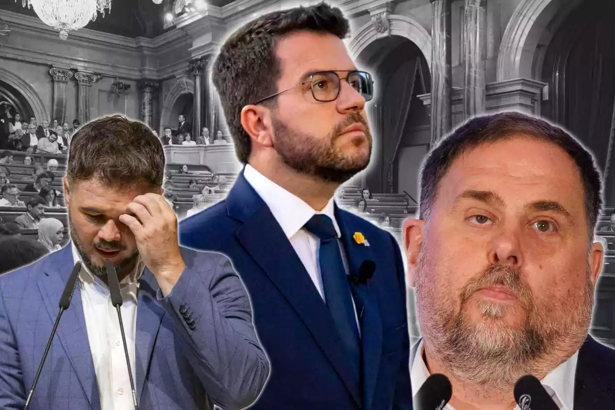 Muntatge amb una imatge en blanc i negre del Parlament de fons, un primer pla de Junqueras amb cara de circumstàncies, un pla mitjà de Rufián capcot gratant-se la franc i un pla mitjà de Pere Aragonès mirant a l'horitzó