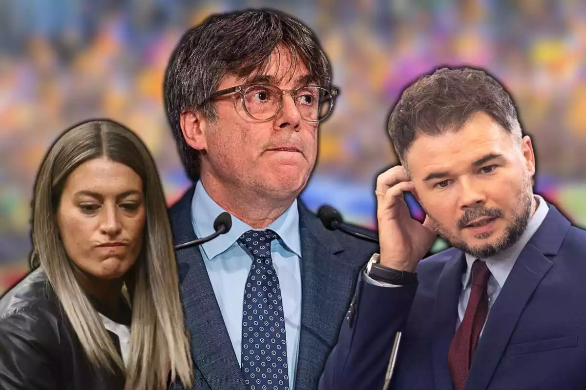 Muntatge amb tres plànols mitjans de Míriam Nogueras, Carles Puigdemont i Gabriel Rufián amb cares de preocupació