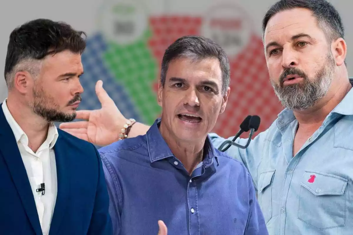 Fotomuntatge de tres plans mitjans de Gabriel Rufián, Pedro Sánchez i Santiago Abascal