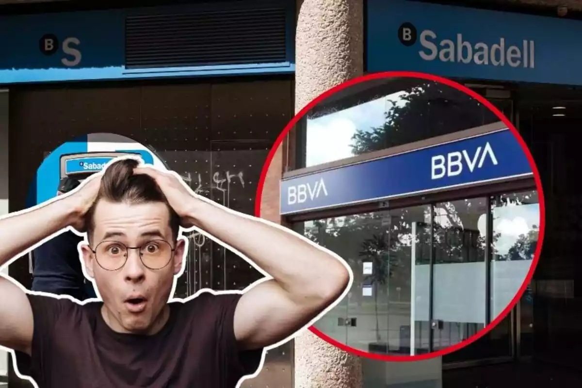 Imatge de fons d'un banc Sabadell, amb una altra d'una oficina del BBVA i una altra d'un home amb gest de sorpresa