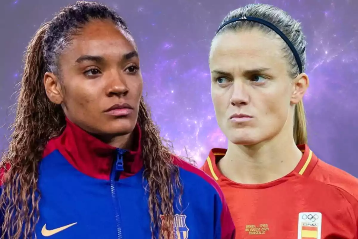 Two women with serious expressions, one in a blue and red jacket and the other in a red jersey, against a purple-toned background.