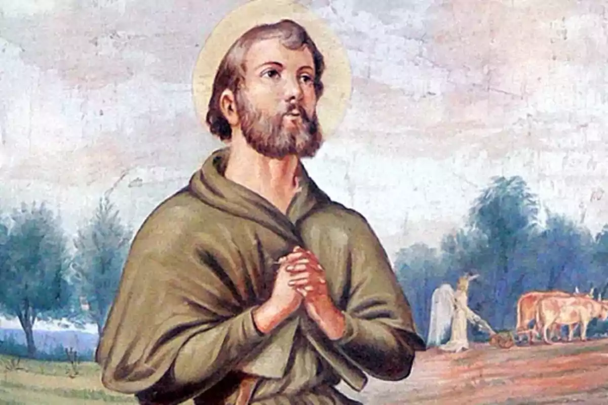 Pintura d'un home amb barba i halo, vestit amb túnica marró, en actitud de pregària, amb un paisatge rural de fons. Pintura d'un home amb barba i halo, vestit amb túnica marró, en actitud de pregària, amb un paisatge rural de fons.