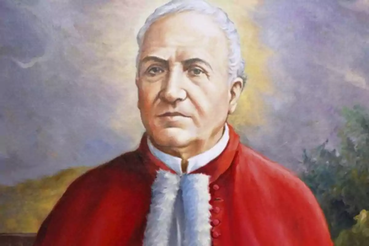Portrait of an older man with white hair and formal red attire against a painted background. Portrait of an older man with white hair and formal red attire against a painted background.