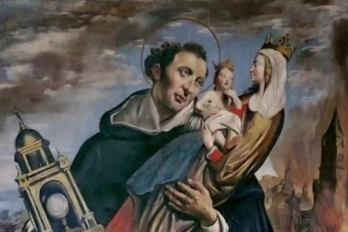 Pintura religiosa que mostra un sant amb un halo, sostenint una església en miniatura, al costat d'una figura femenina coronada que sosté un nen.