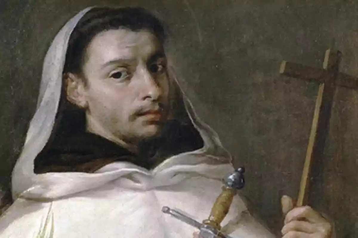 Un home amb hàbit religiós sosté una creu i una espasa en un retrat clàssic.