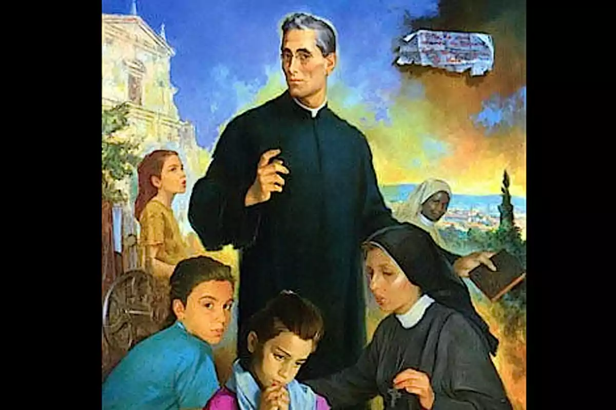 Un sacerdot envoltat de nens i monges en un entorn pastoral amb un cel acolorit al fons. Un sacerdot envoltat de nens i monges en un entorn pastoral amb un cel acolorit al fons.