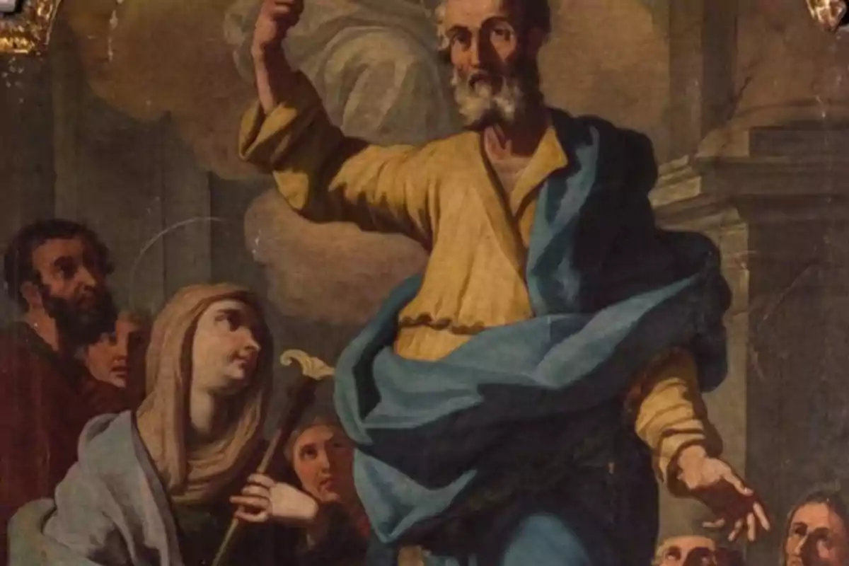 Pintura religiosa que mostra un home gran amb barba aixecant un braç mentre diverses persones ho observen atentament.