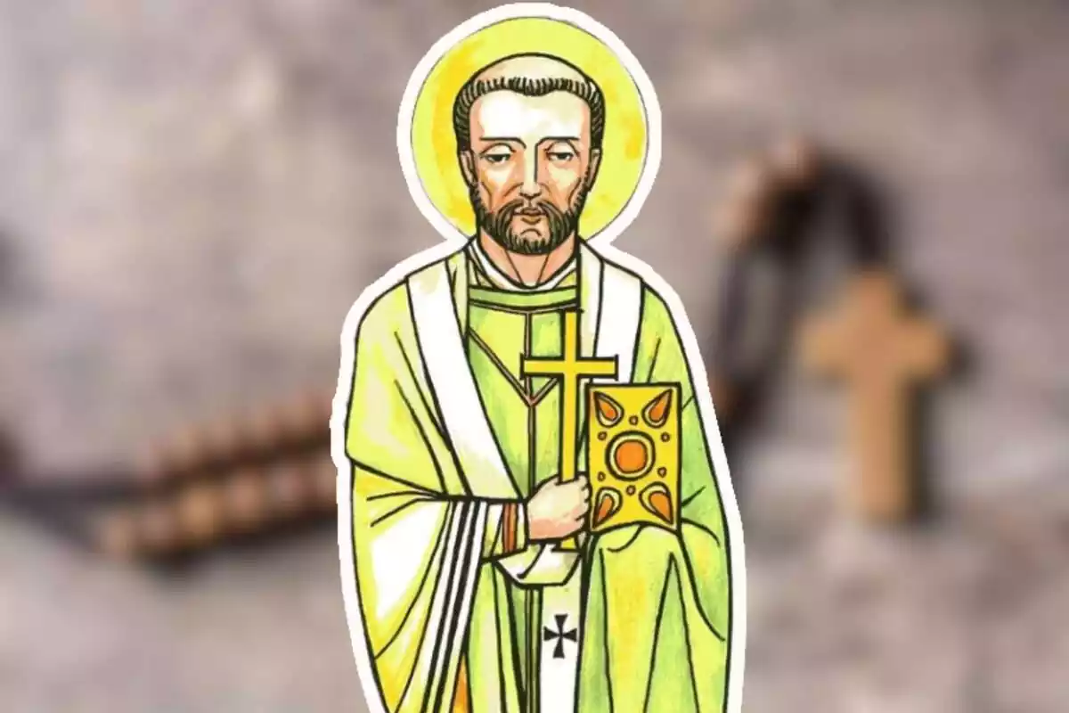 Muntatge del dibuix de Sant Aureliano Arnès sobre una imatge difuminada d'una creu