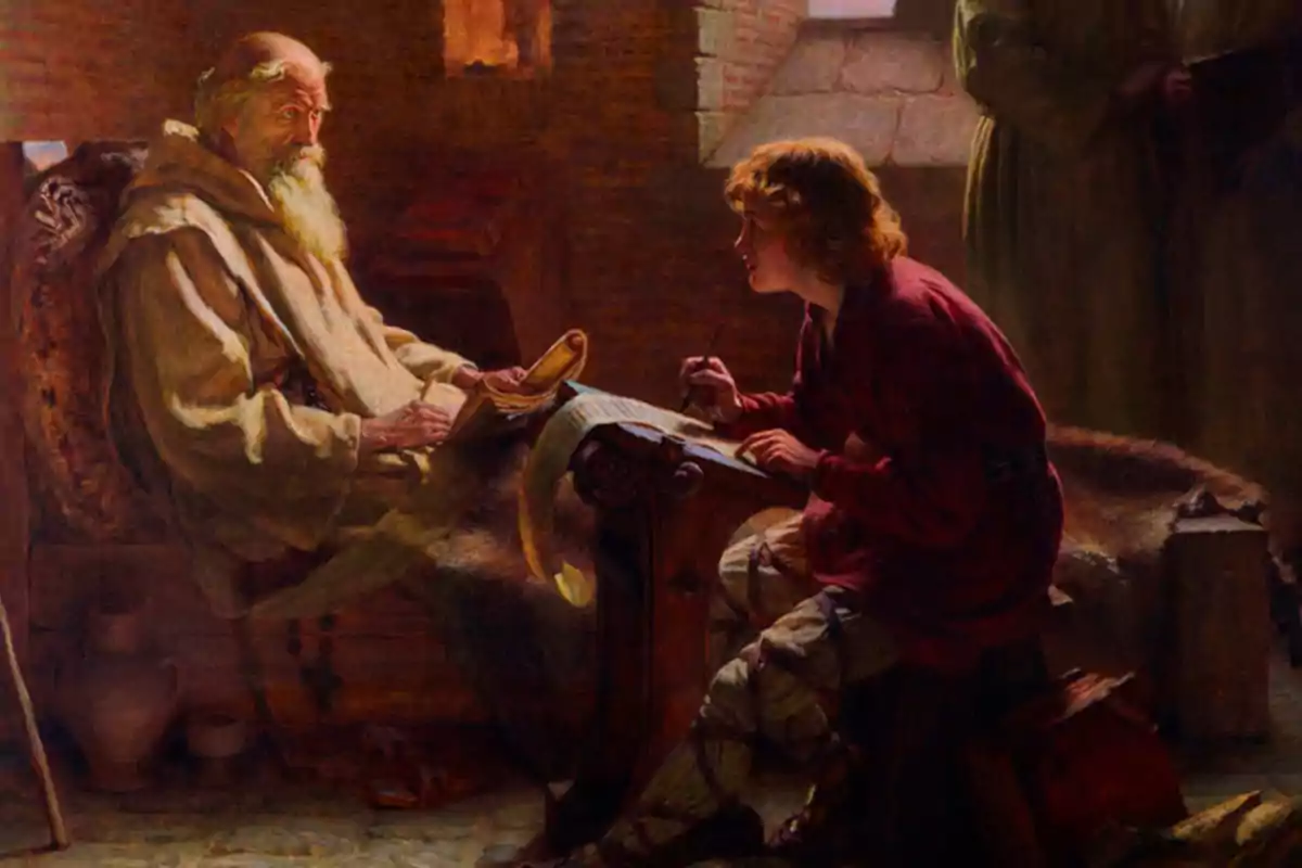Un ancià amb túnica sosté un llibre mentre un jove escriu en un pergamí en un entorn medieval il·luminat per la llum que entra per una finestra.