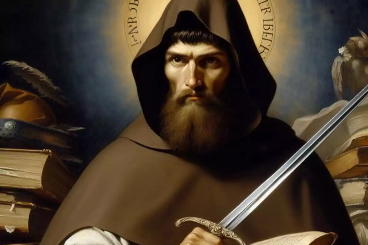 Un monjo medieval amb caputxa sosté una espasa envoltat de llibres i un mussol. Un monjo medieval amb caputxa sosté una espasa envoltat de llibres i un mussol.