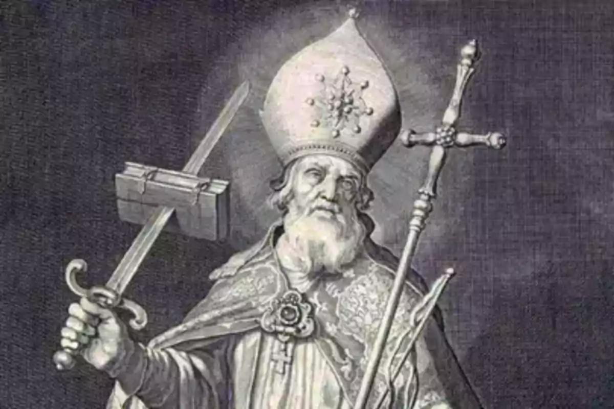 Il·lustració antiga d’un bisbe amb mitra sostenint una espasa i un bàcul creuats