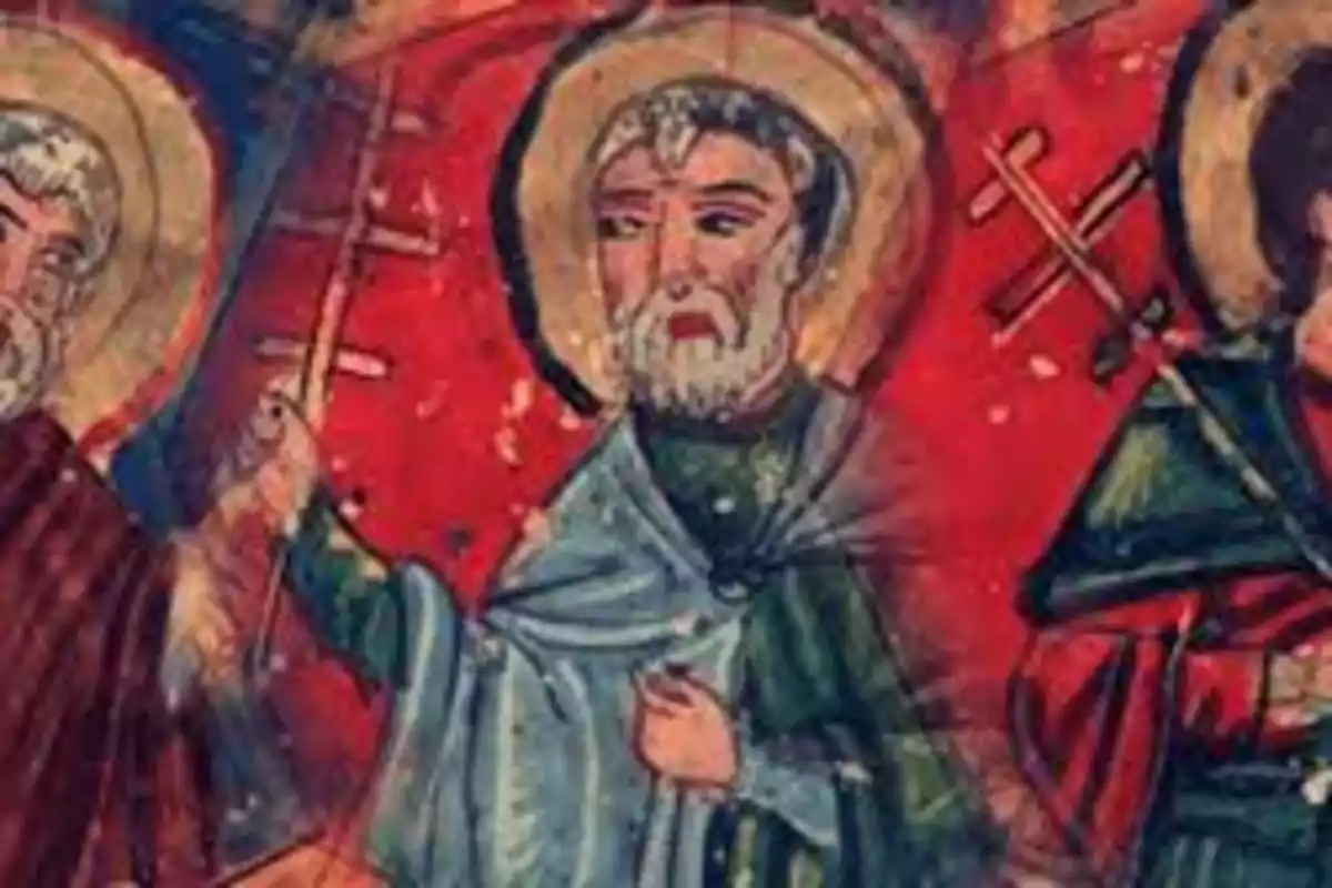 Pintura religiosa antiga amb figures de sants i fons vermell. Pintura religiosa antiga amb figures de sants i fons vermell.