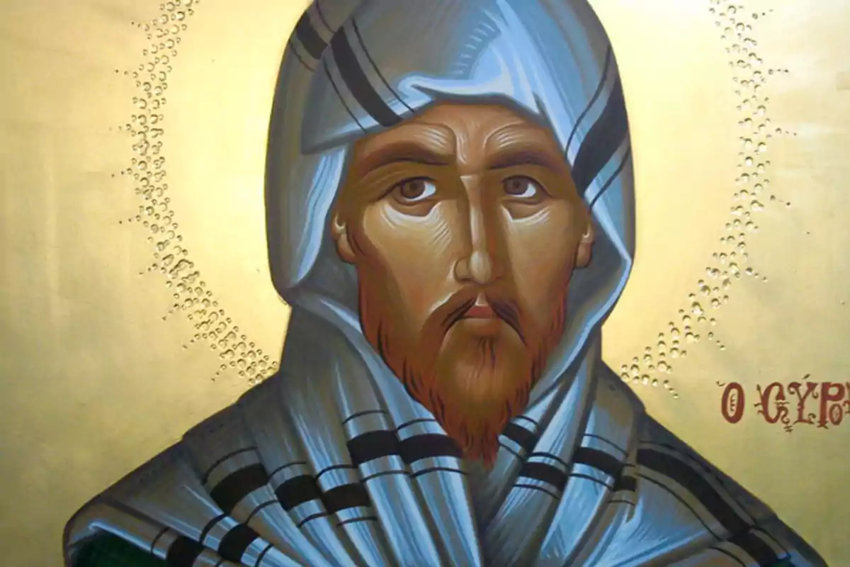 Pintura religiosa d’un home amb barba i mantell gris sobre fons daurat