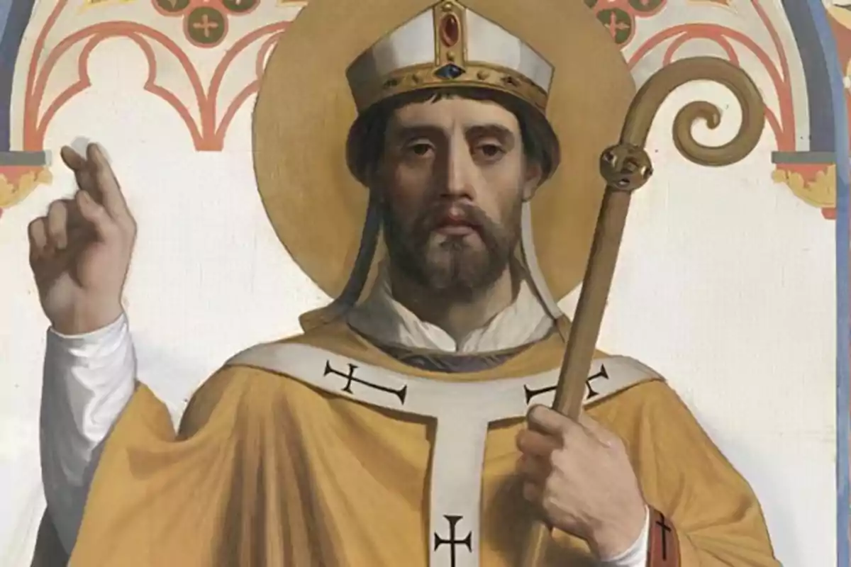 Pintura d'un home amb vestimenta religiosa i mitra sostenint un bàcul en un entorn decoratiu.