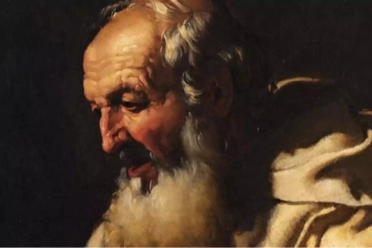 Retrat d’un home gran amb barba blanca i cabells canosos, vestit amb una túnica clara i fons fosc Retrat d’un home gran amb barba blanca i cabells canosos, vestit amb una túnica clara i fons fosc