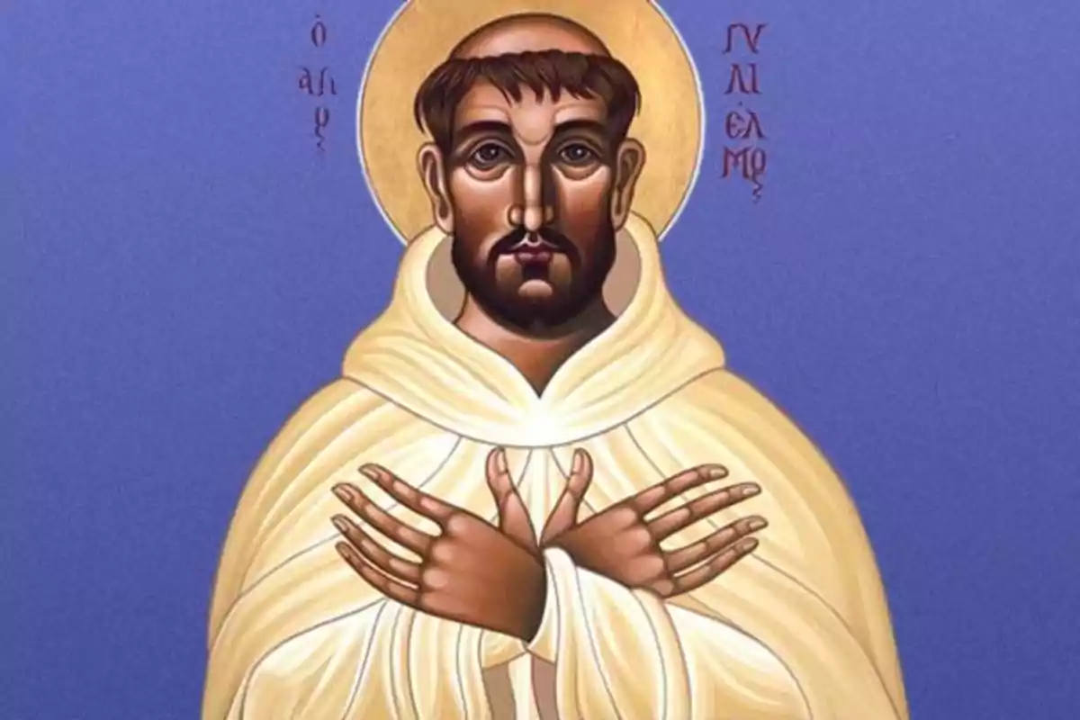 Il·lustració d’un sant amb túnica blanca i aurèola daurada sobre fons blau Il·lustració d’un sant amb túnica blanca i aurèola daurada sobre fons blau