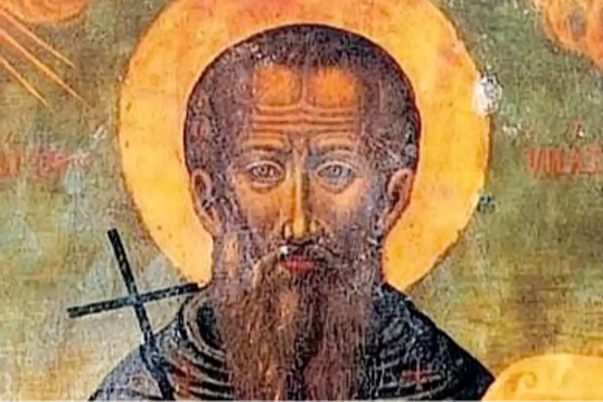 Pintura religiosa antiga d’un home amb barba i halo daurat Pintura religiosa antiga d’un home amb barba i halo daurat