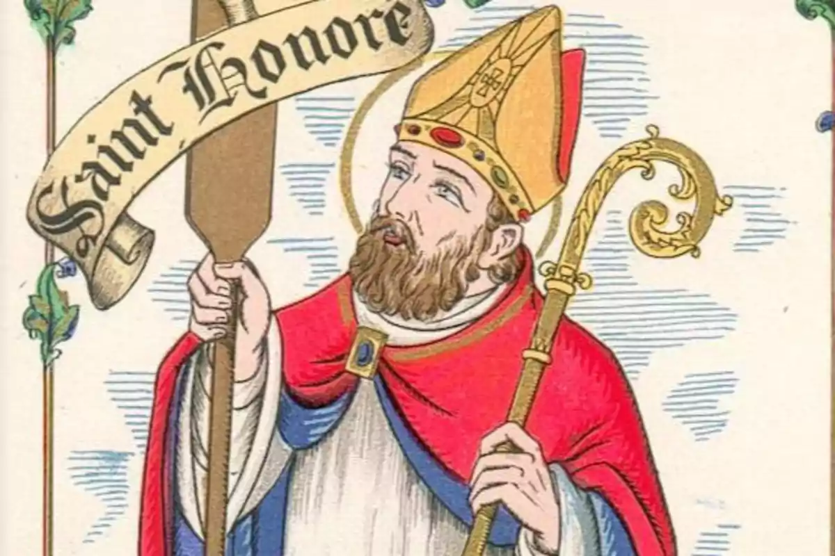 Il·lustració d'un sant amb mitra i bàcul sostenint un pergamí que diu "Saint Honore".