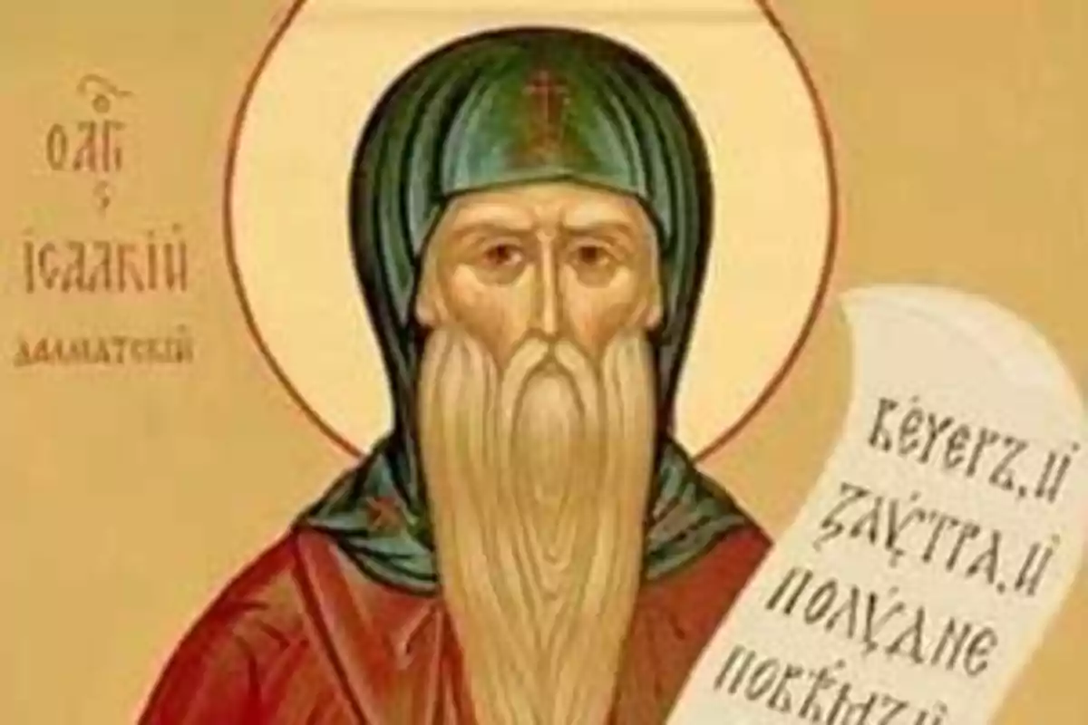 Il·lustració religiosa d’un home amb barba llarga i túnica, sostenint un pergamí amb text en alfabet ciríl·lic.