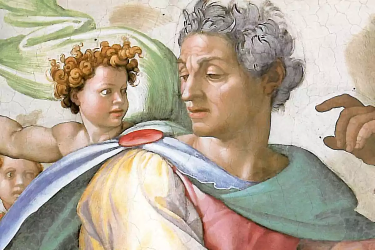 Primer pla a color de Sant Isaïes al costat d'un àngel