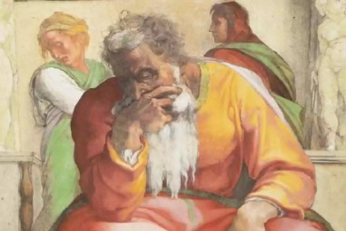 Un home gran amb barba blanca i expressió pensativa, envoltat de dues figures en un fresc renaixentista. Un home gran amb barba blanca i expressió pensativa, envoltat de dues figures en un fresc renaixentista.