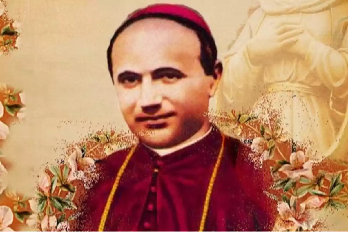 Un home amb vestimenta religiosa i un fons decorat amb flors i una figura d'una estàtua. Un home amb vestimenta religiosa i un fons decorat amb flors i una figura d'una estàtua.