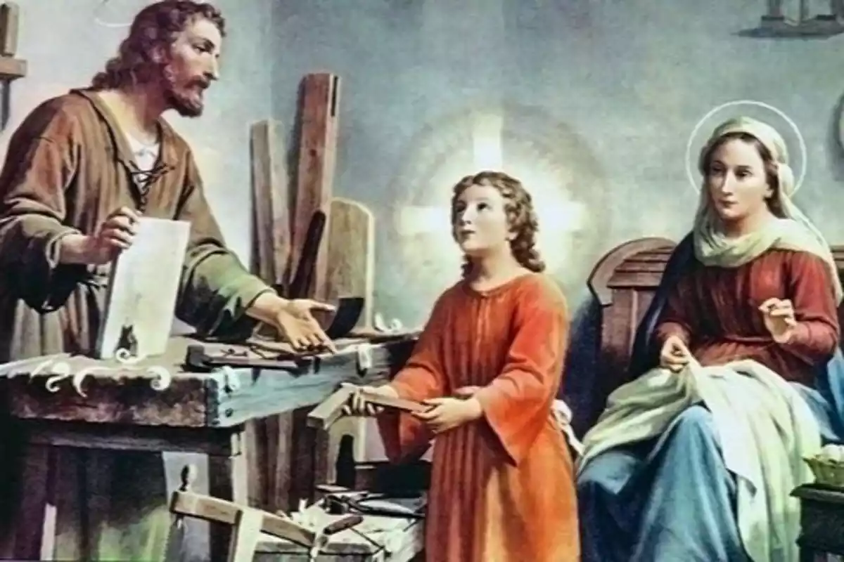 Imatge a color de Sant Josep amb Jesús i la Verge Maria