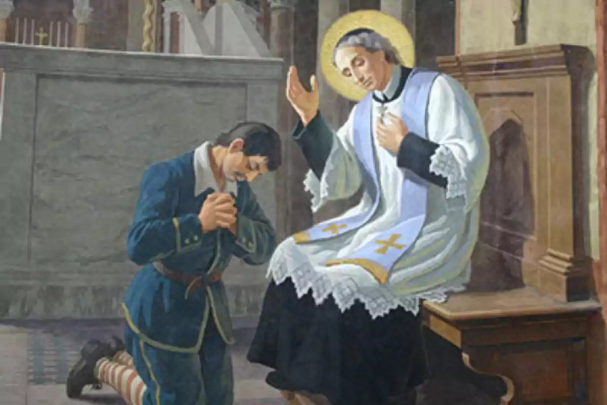 Un home agenollat en actitud d'oració davant d'un sacerdot que està assegut i aixecant una mà en un gest de benedicció. Un home agenollat en actitud d'oració davant d'un sacerdot que està assegut i aixecant una mà en un gest de benedicció.