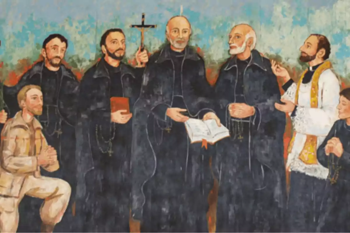 Un grup d'homes vestits amb túniques negres, alguns sostenint llibres i rosaris, amb un fons de colors suaus. Un grup d'homes vestits amb túniques negres, alguns sostenint llibres i rosaris, amb un fons de colors suaus.