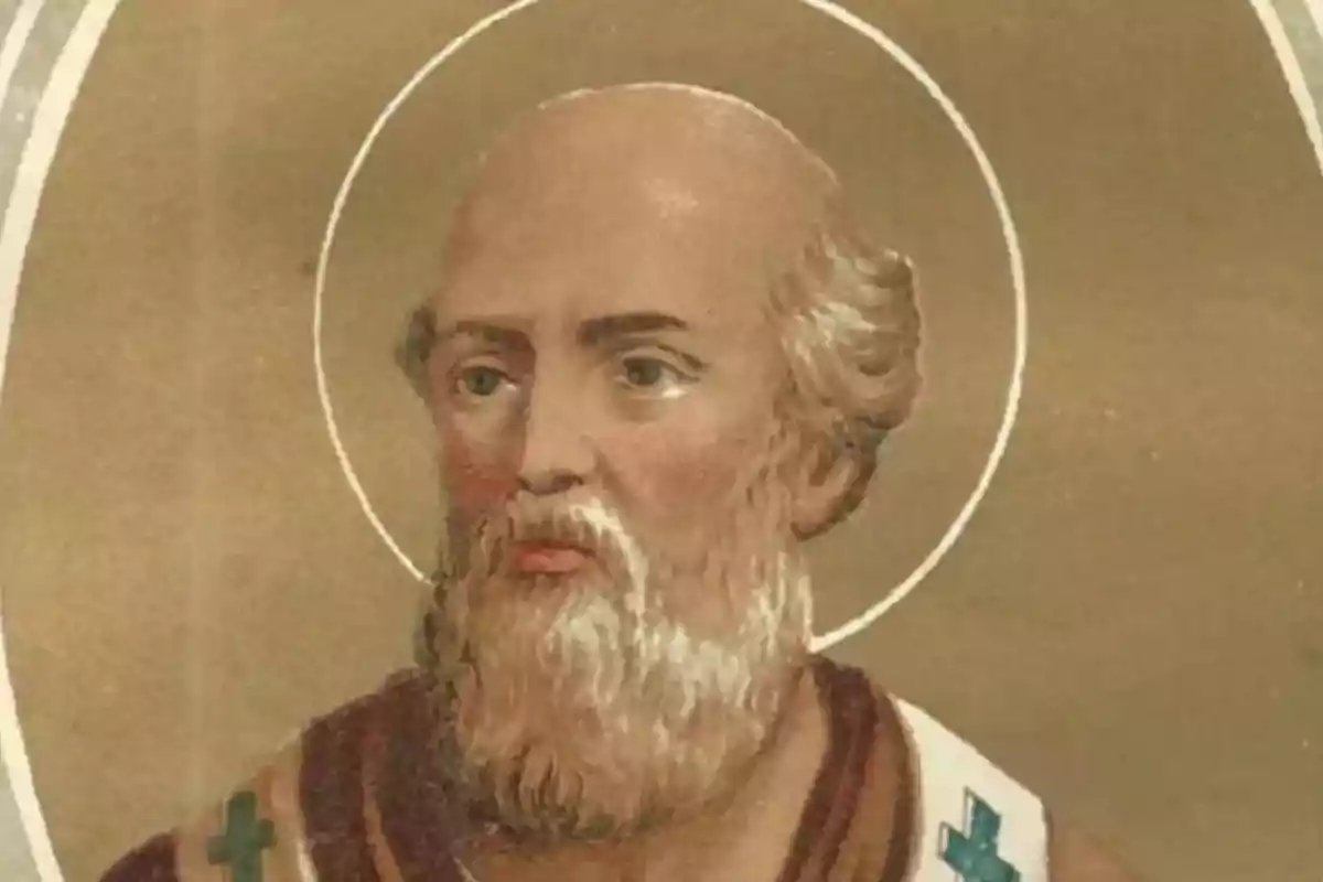 Un retrat d'un home amb barba i aurèola, vestit amb vestidures religioses. Un retrat d'un home amb barba i aurèola, vestit amb vestidures religioses.